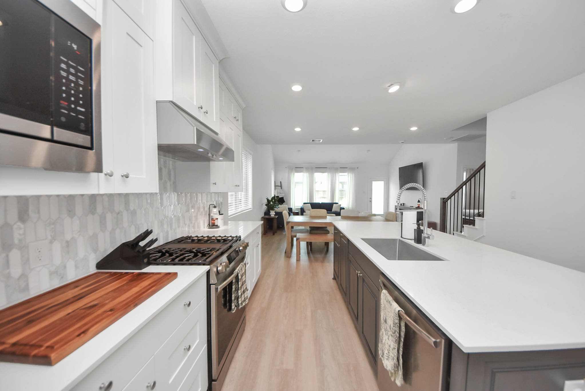 Kitchen island and open dining area